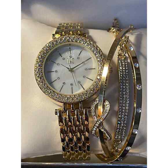 INC Womens Gold Wristwatch With 3 Bangle Bracelets Faux Diamonds NWB - Picture 1 of 5